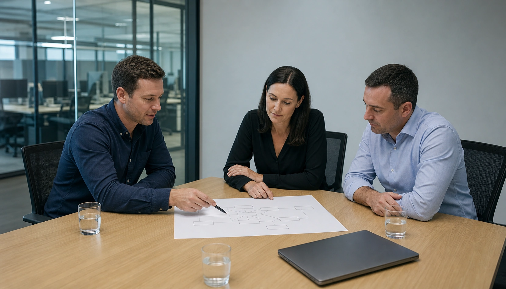 Business team reviewing an organisational communications workflow